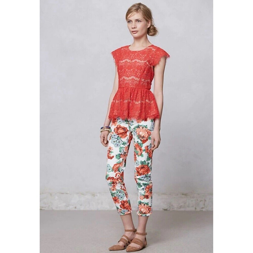 Maeve Anthropologie Top Blouse Size XS Katrine Orange Lace Cap Sleeve Peplum